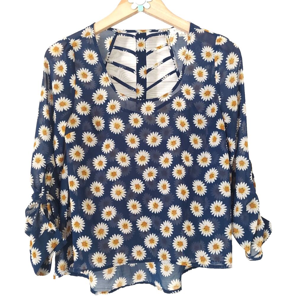 Miss Daisy Navy Blue Blouse Size Small White Daisy Print Cut Out Back